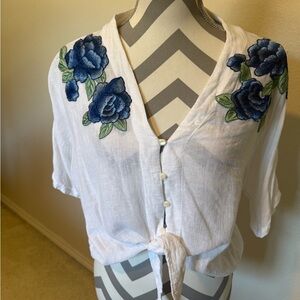 Rails White Blouse with Blue Floral Embroidery